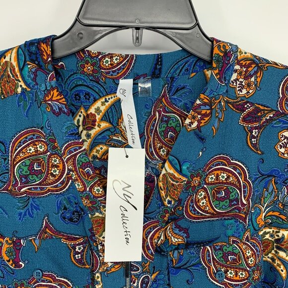 NY Collection Top Blue Floral Print Zip V Neck Roll Tab Sleeve - Picture 4 of 11